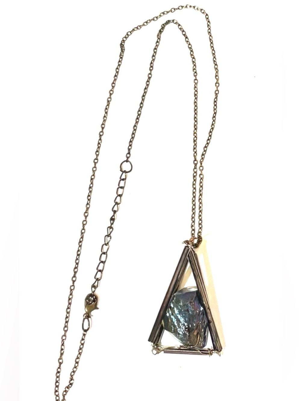 Iridescent stone unisex Triangle Pendant Necklace - Gold Tone